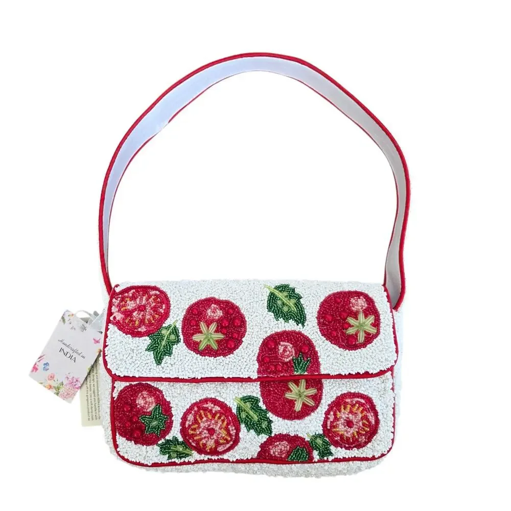 Boutique Beaded Tomato Print Shoulder Bag White Red Green - Picture 3 of 7